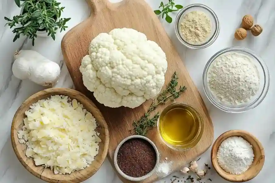 Zutaten für das Blumenkohl-Schnitzel mit Käse auf einem Holzbrett