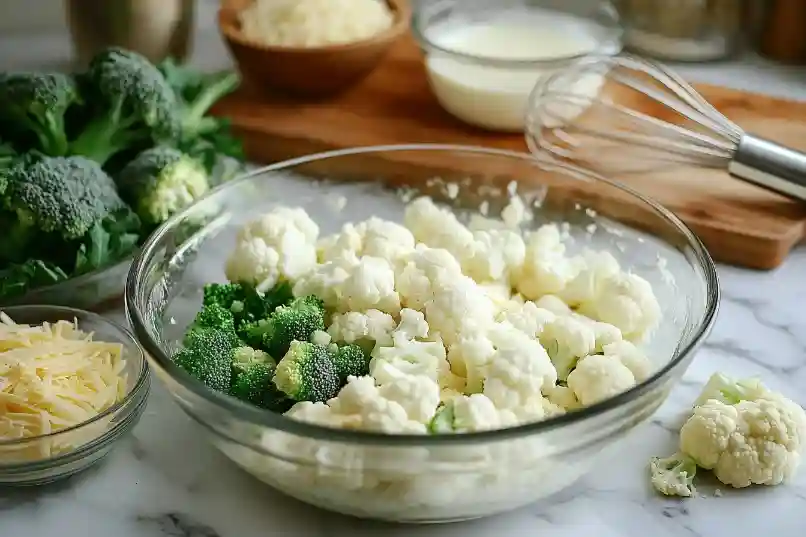 Zutaten für Blumenkohl Brokkoli Auflauf: gedämpftes Gemüse, Käsesauce und geriebener Käse auf einer Marmorarbeitsplatte