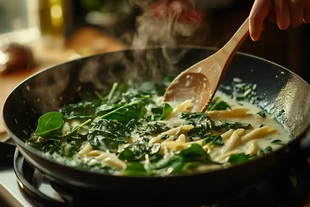 Zubereitung von Nudeln mit Spinat im One-Pot-Verfahren