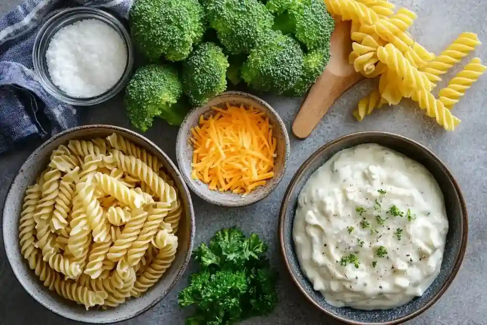 Zutaten für den Brokkoli Nudeln Auflauf: Nudeln, Brokkoli, Käse und Sauce auf einem Holztresen