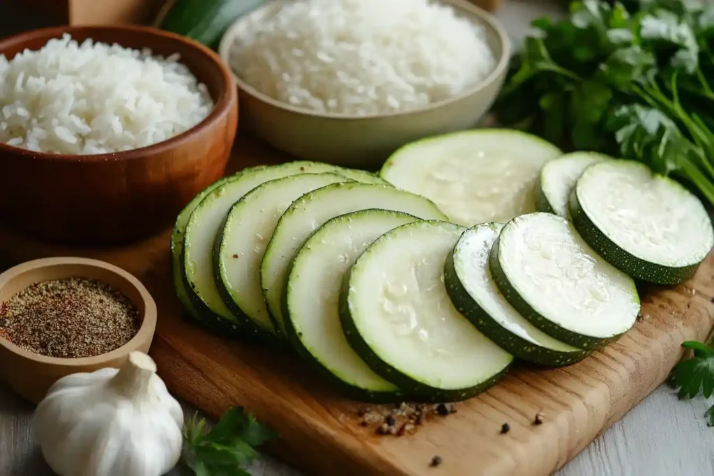 Alle Zutaten für die Zucchini-Pfanne mit Reis auf einem Holzbrett vorbereitet