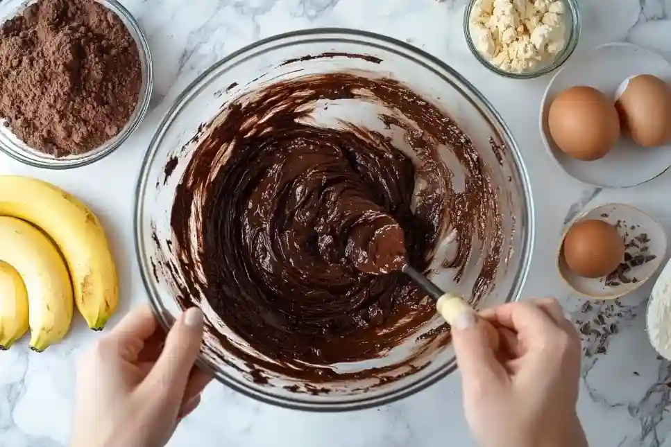 Bananen-Schoko-Kuchen-Zubereitung mit Müslibowlen für Zutaten wie Eier, Mehl und Bananenpüree