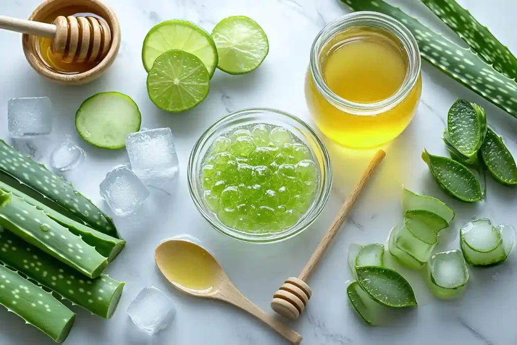 Alle Zutaten für ein Aloe Vera Getränk, darunter Aloe Vera Gel, Wasser, Limette, Honig und Eiswürfel, stilvoll auf einer Marmorplatte angeordnet.