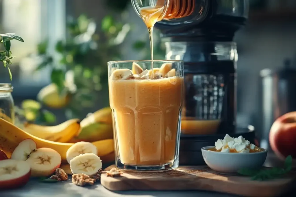 Apfel-Bananen Smoothie wird aus dem Mixer in ein Glas gegossen, umgeben von Apfelstücken, Banane und Honig.