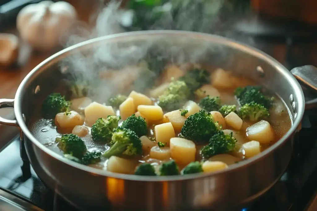 Frische Zutaten für Brokkoli-Creme-Suppe: Brokkoli, Kartoffeln, Knoblauch und Gemüsebrühe im Topf.