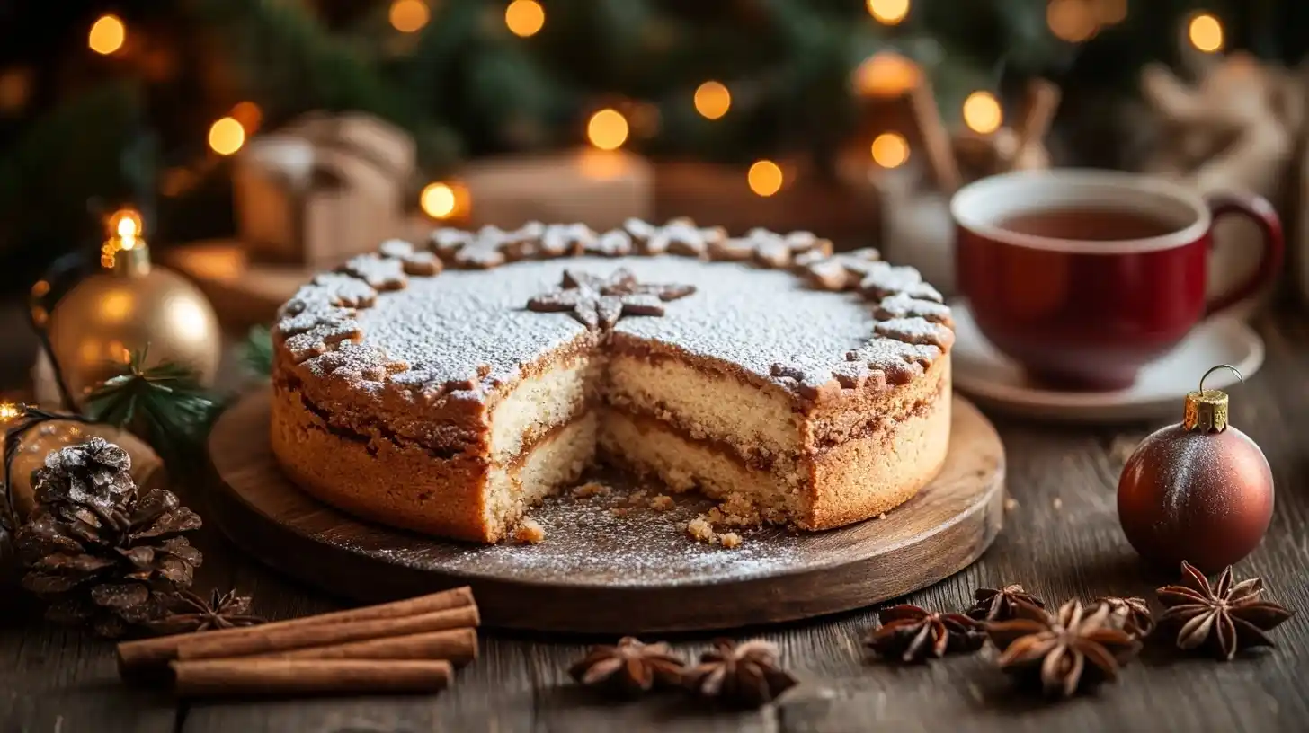 Ein frisch gebackener Spekulatius-Kuchen mit goldbrauner Kruste, bestäubt mit Puderzucker, serviert auf einem rustikalen Holztisch mit weihnachtlicher Dekoration