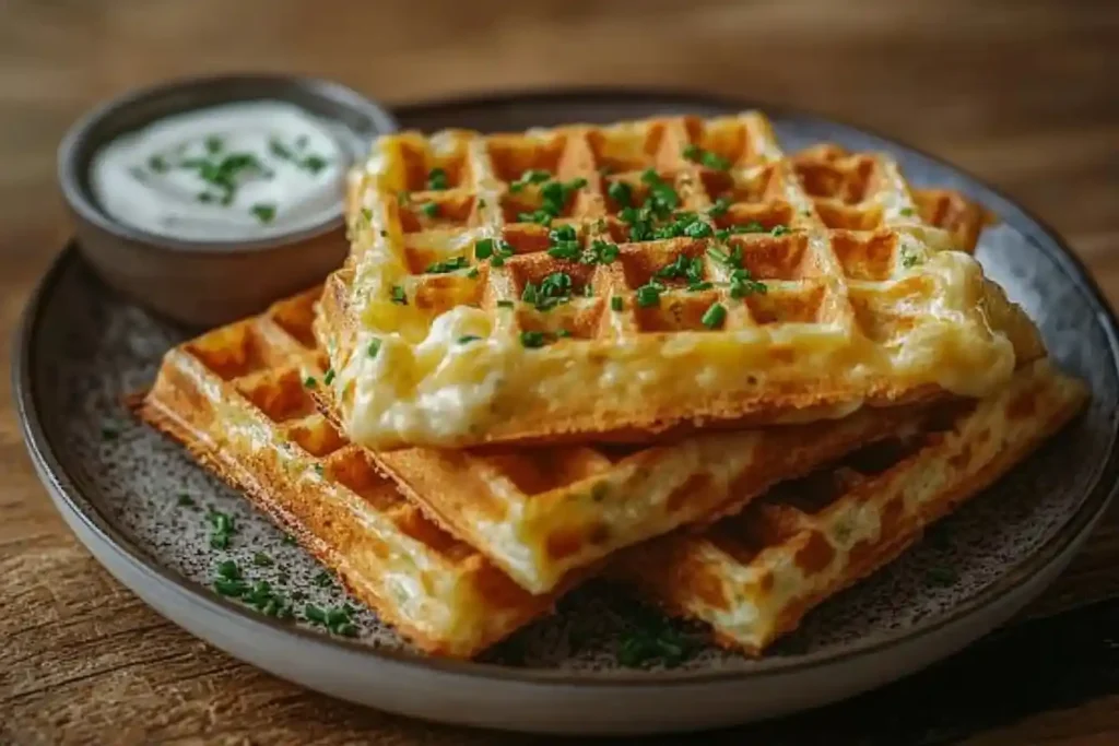 Käsewaffeln ,Knusprige, goldbraune Käsewaffeln, frisch aus dem Waffeleisen, serviert mit einem cremigen Dip und garniert mit frischen Kräutern auf einem rustikalen Teller.