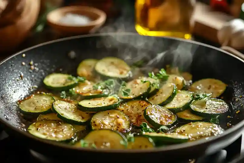 Anbraten von Zucchini für die Zucchini-Pfanne mit Reis in einer heißen Pfanne