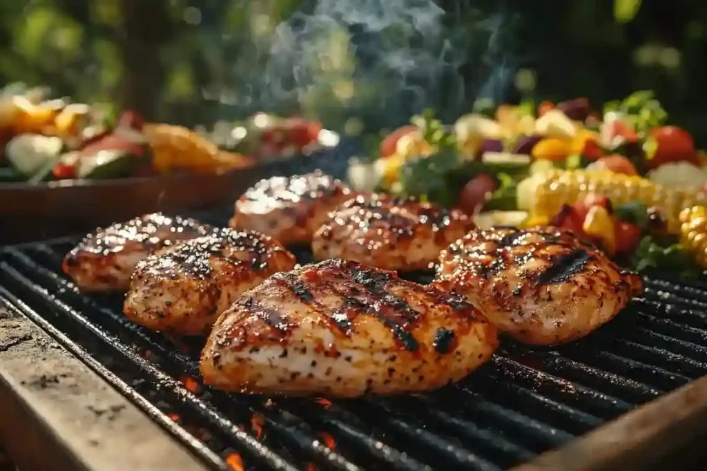 Gegrilltes Hähnchen auf einer Kohlegrillpfanne mit Rauchwolken