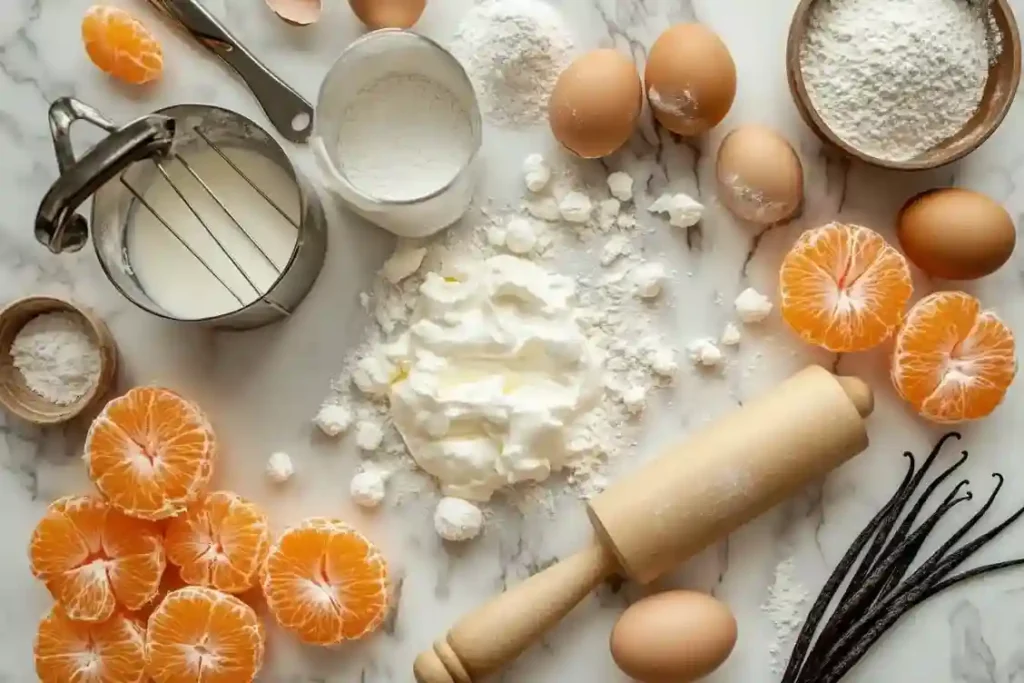 Alle Zutaten für den Käse-Mandarinen-Kuchen auf einem Holzbrett arrangiert