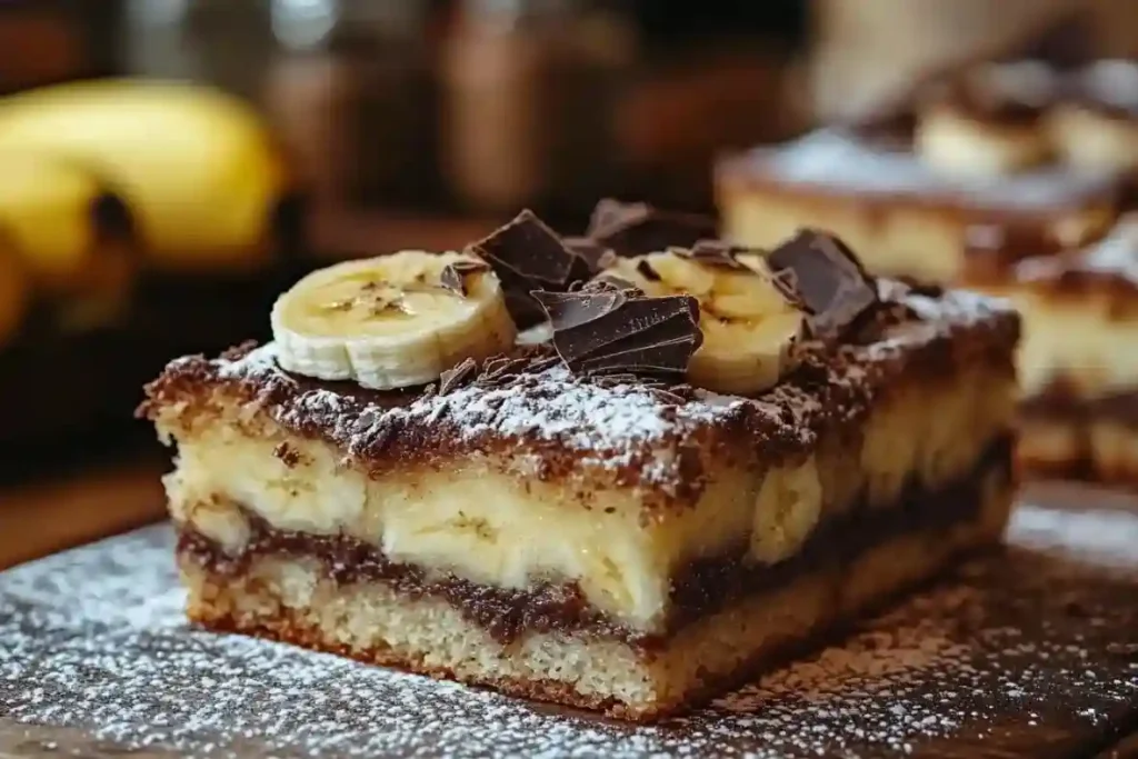 Bananen-Schoko-Kuchen mit detaillemter Ansicht der feuchten Struktur und Schokostreuseln