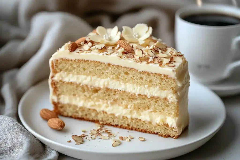 Ein Messer schneidet durch einen warmen Kuchen mit Marzipan, offenbarend die Füllung