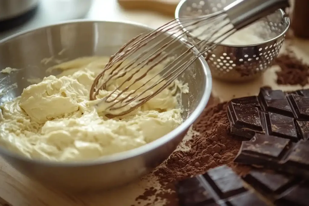 Die Zubereitung eines schnellen veganen Kuchens: Eine Schüssel mit flüssigen Zutaten wie Sojamilch, Apfelessig, Zucker und veganer Butter, daneben gesiebtes Kakaomehl und geschmolzene Schokolade.