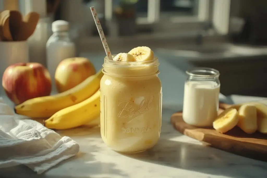 Apfel-Bananen Smoothie in einem Mason Jar mit Strohhalm auf Marmorarbeitsplatte, umgeben von Apfel, Banane und Joghurt.