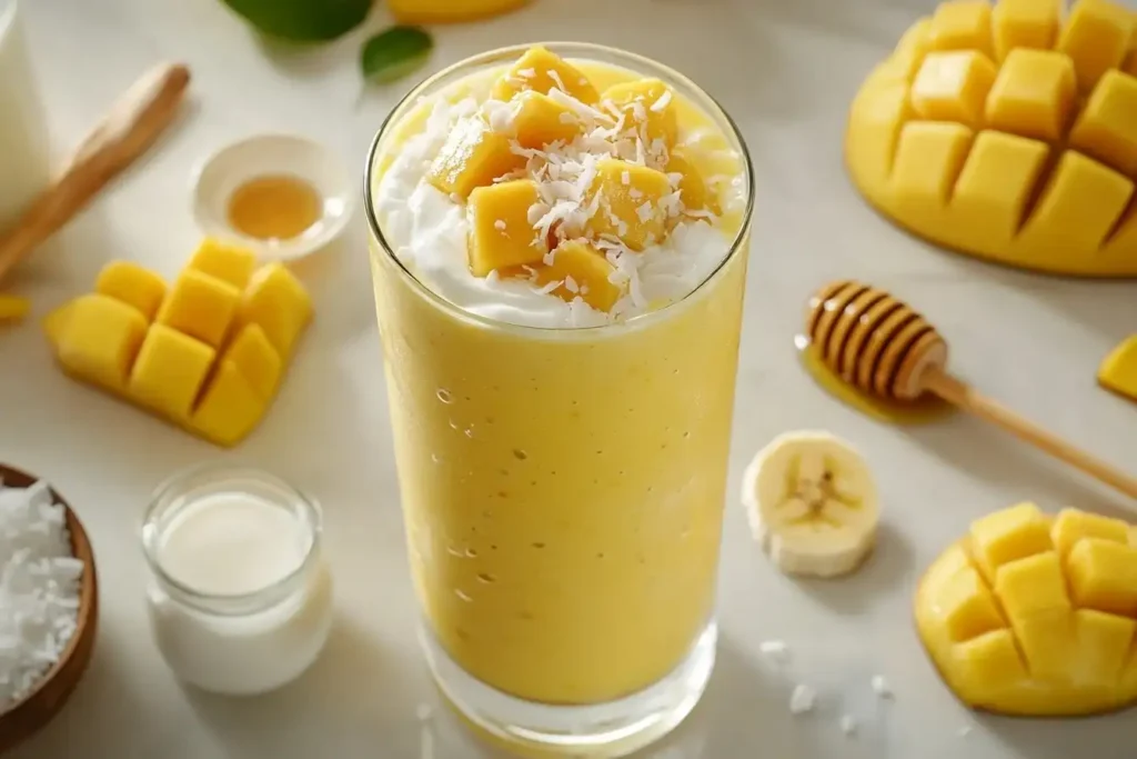 Frisch gemixter Mango-Bananen Smoothie im Glas mit Strohhalm, umgeben von Mango, Banane und Joghurt auf einem Holzbrett.