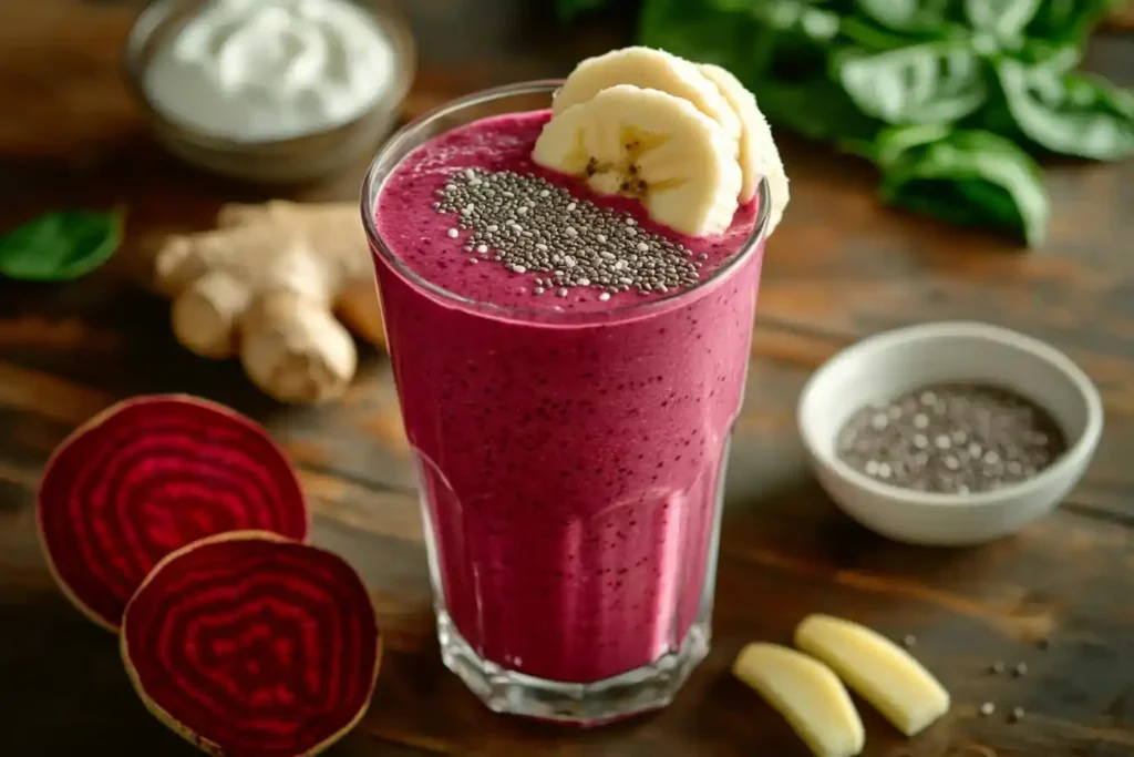 Frischer Rote Bete Smoothie im Glas mit Chia-Samen und Apfelscheibe auf rustikalem Holztisch, umgeben von frischen Zutaten.