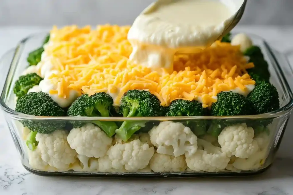 Blumenkohl Brokkoli Auflauf serviert mit frischem Salat und Brot auf einem rustikalen Tisch.