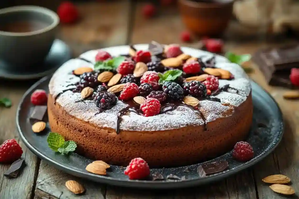 Glutenfreie Torte mit Schokolade und Mandeln, garniert mit Puderzucker, Schokoladenguss, Beeren und Minzblättern auf einem Holztisch mit Kaffee.