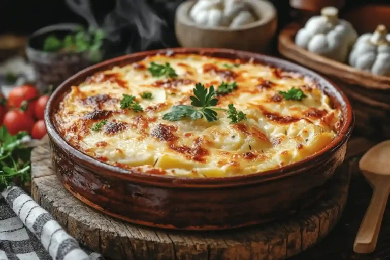 Blumenkohl Kartoffel Auflauf mit geschmolzenem Käse und frischen Kräutern auf einem rustikalen Tisch