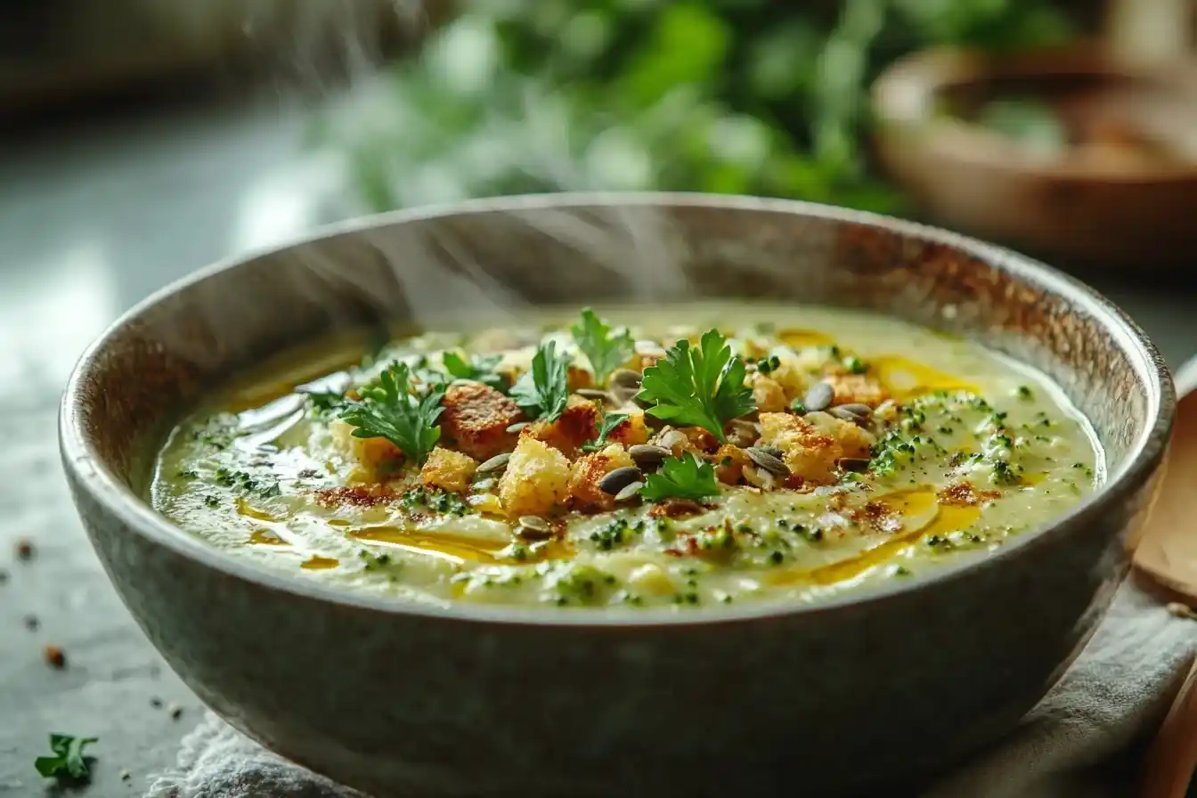 Brokkoli-Creme-Suppe in einer rustikalen Schüssel mit knusprigen Croutons, Kürbiskernen und frischer Petersilie, dampfend auf einem Holztisch