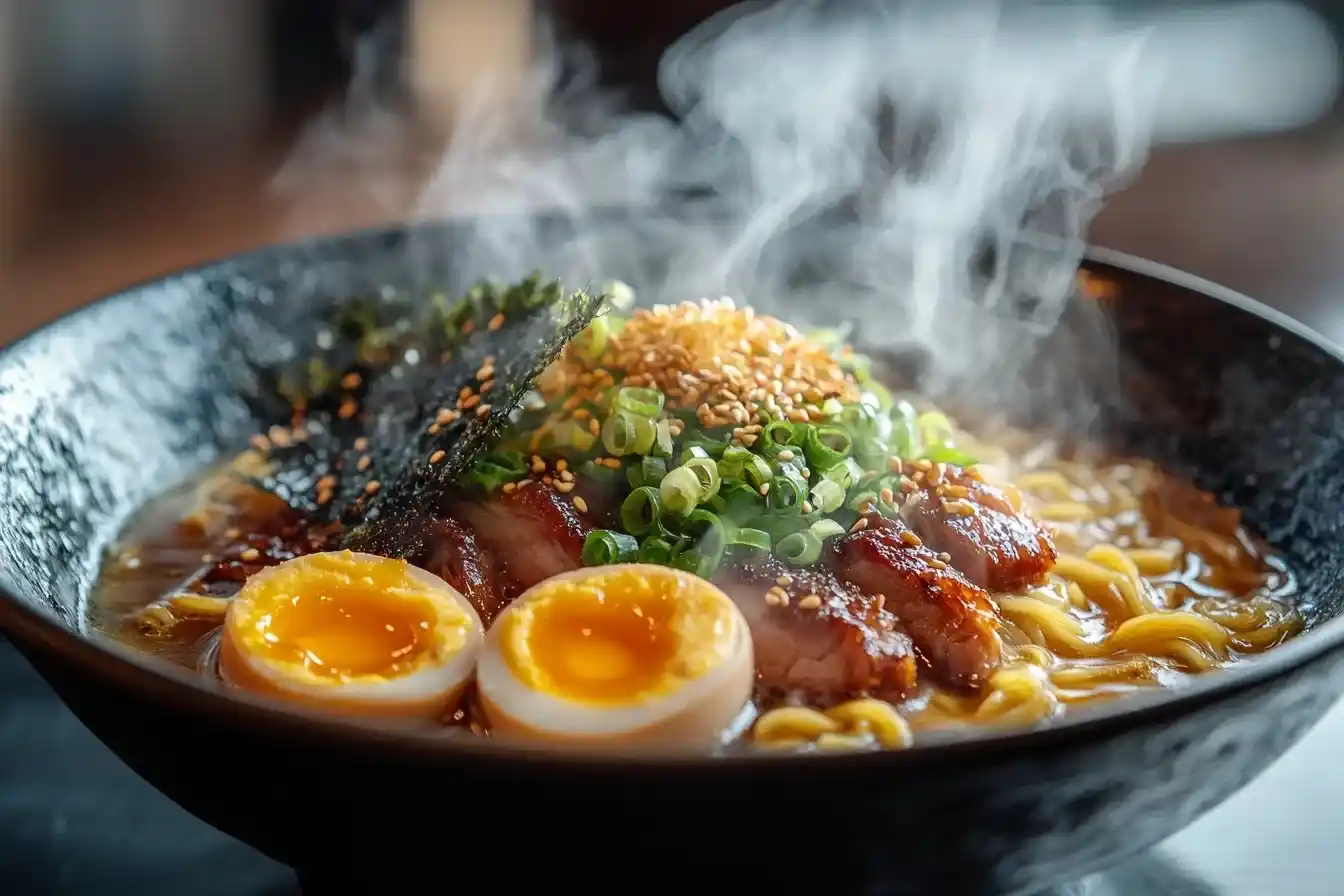 Ramen Nudeln Rezept: Eine dampfende Schüssel frisch zubereiteter Ramen Nudeln in einer aromatischen Brühe.