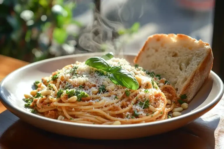 Köstliche Nudeln mit Pesto: Einladendes Bild von Spaghetti, überzogen mit hausgemachter Basilikumsauce und Pinienkernen.