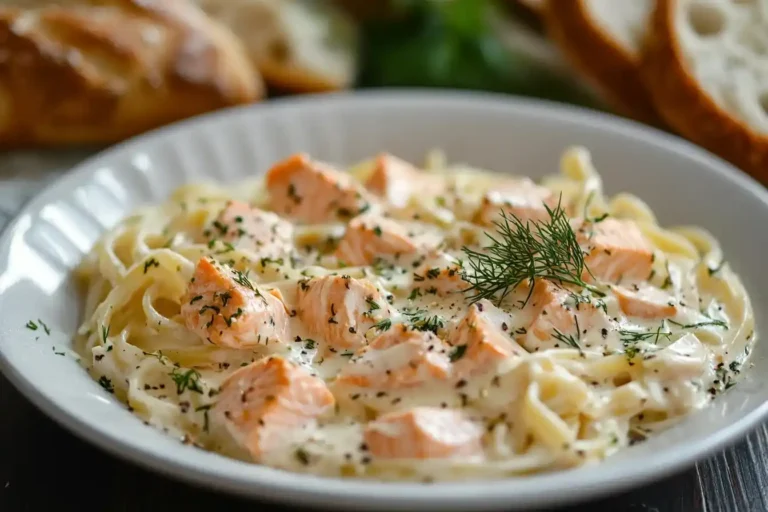 Lachs mit Nudeln: Eine köstliche Portion cremiger Pasta mit zarten Lachsstücken und Dill.