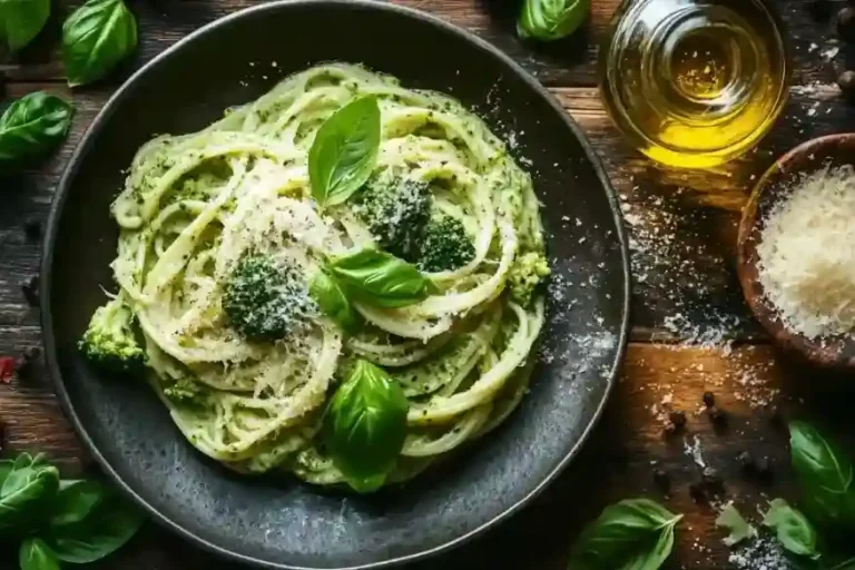 Köstliches Brokkoli mit Nudeln-Gericht mit cremiger Soße und frischen Kräutern.