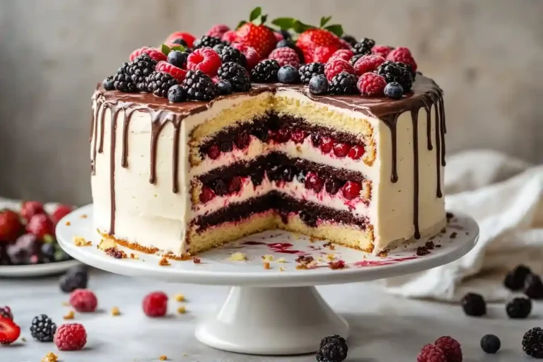 Eine dekorierte Torte mit glutenfreiem Tortenboden, cremiger Füllung, frischen Beeren und Schokoladenguss. Die Torte steht auf einem weißen Ständer, mit Krümeln daneben, und ein Stück ist leicht herausgezogen, um die Textur zu zeigen.