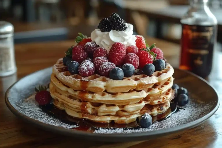 Low-Carb-Waffeln mit frischen Beeren und zuckerfreiem Ahornsirup als gesundes Frühstück