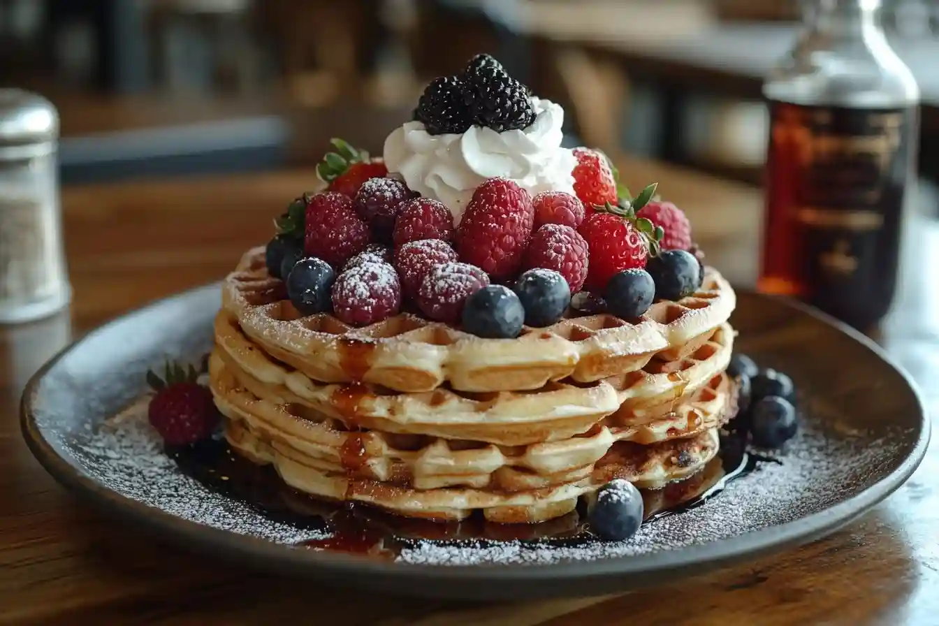 Low-Carb-Waffeln mit frischen Beeren und zuckerfreiem Ahornsirup als gesundes Frühstück