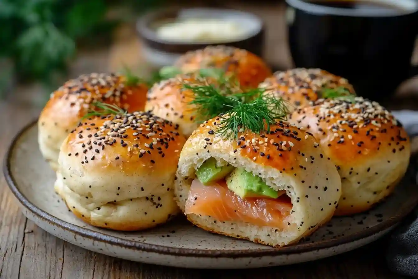 Glutenfreie Low Carb Frühstücksbrötchen mit Sesam und Butter auf einem rustikalen Tisch