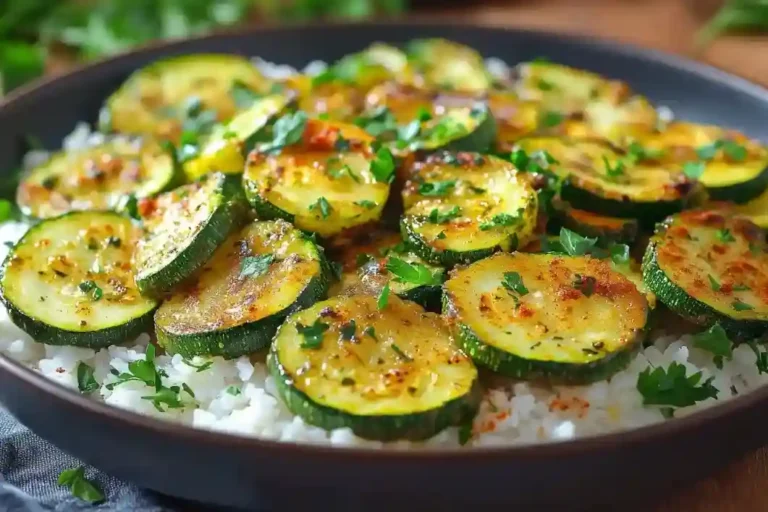 Zucchini-Pfanne mit Reis, garniert mit Petersilie und Paprika, auf einem rustikalen Holztisch