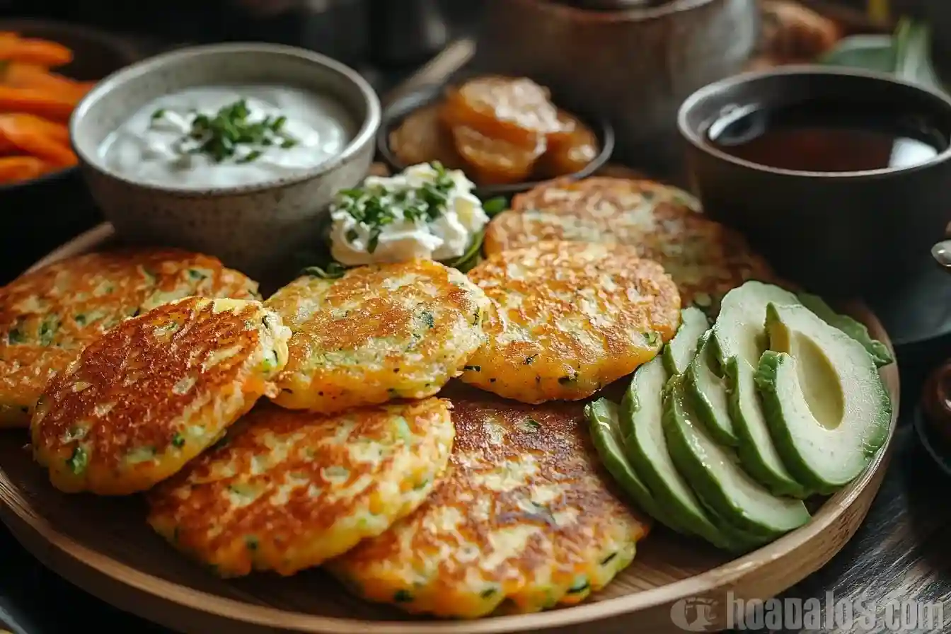 Zucchini-Karotten-Puffer serviert mit Avocado und griechischem Joghurt