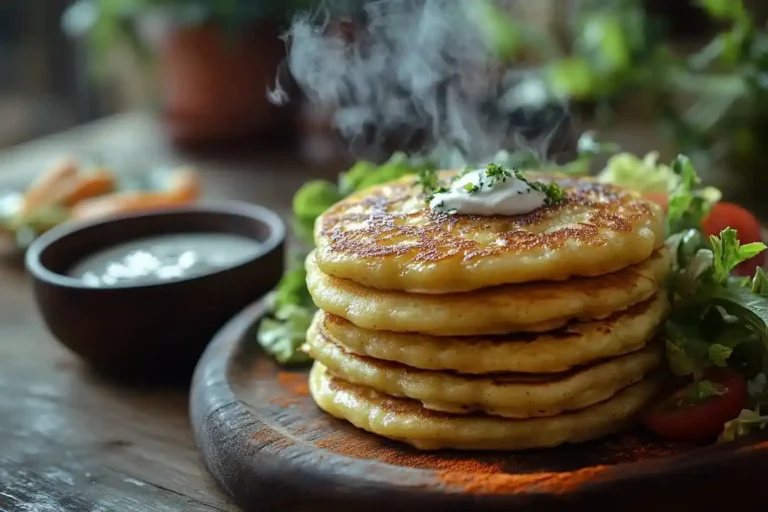 Zucchini-Möhren-Puffer mit Salat und Dip auf einem Holztisch