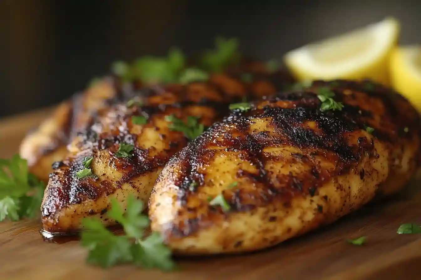 Gegrilltes Hähnchen auf einem Holzbrett mit Kräutern und Zitronenscheiben