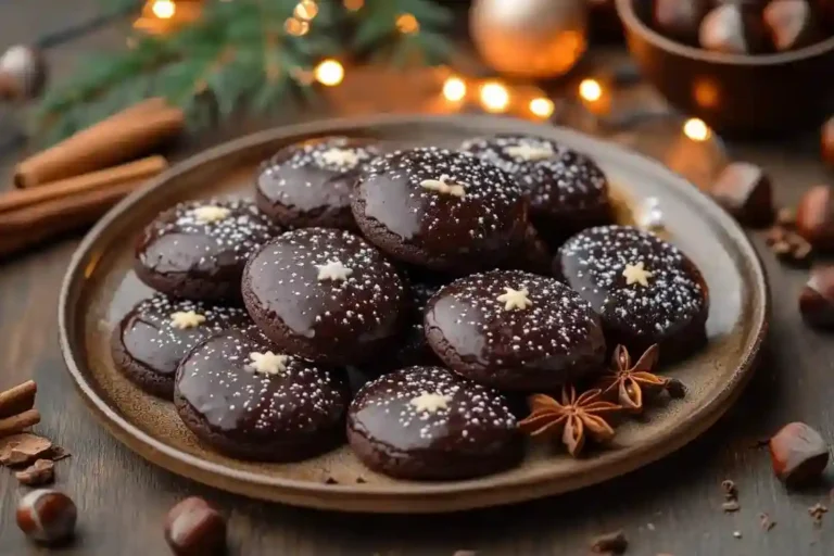 Gemütliche weihnachtliche Küche mit einem Teller frisch gebackener Lebkuchen glutenfrei, bestäubt mit Puderzucker und Schokoladenglasur, dekoriert mit Zimtstangen, Sternanis und Haselnüssen.