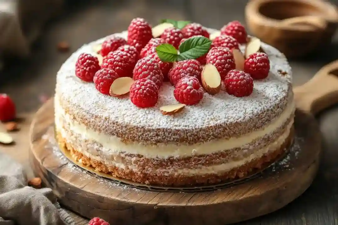 Kuchen mit Marzipan auf einem Marmoruntersatz, dekoriert mit Strohbeeren und Mandeln