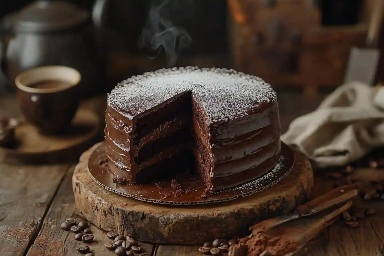 Ein frisch gebackener schneller veganer Kuchen, dekoriert mit Puderzucker, auf einem Holzbrett, mit einer herausgeschnittenen saftigen Kuchenscheibe.