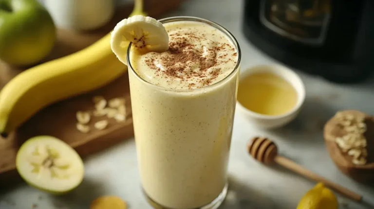 Cremiger Apfel-Bananen Smoothie wird in ein Glas gefüllt, mit Banane, Apfel und Joghurt im Hintergrund.