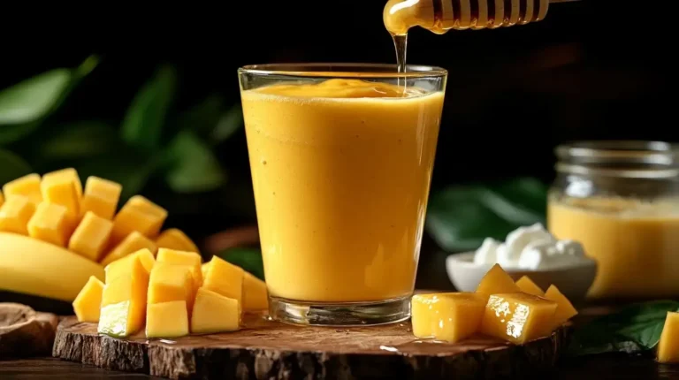 Cremiger Mango-Bananen Smoothie im Mason Jar, dekoriert mit Kokosraspeln und umgeben von Mango, Banane und Joghurt.