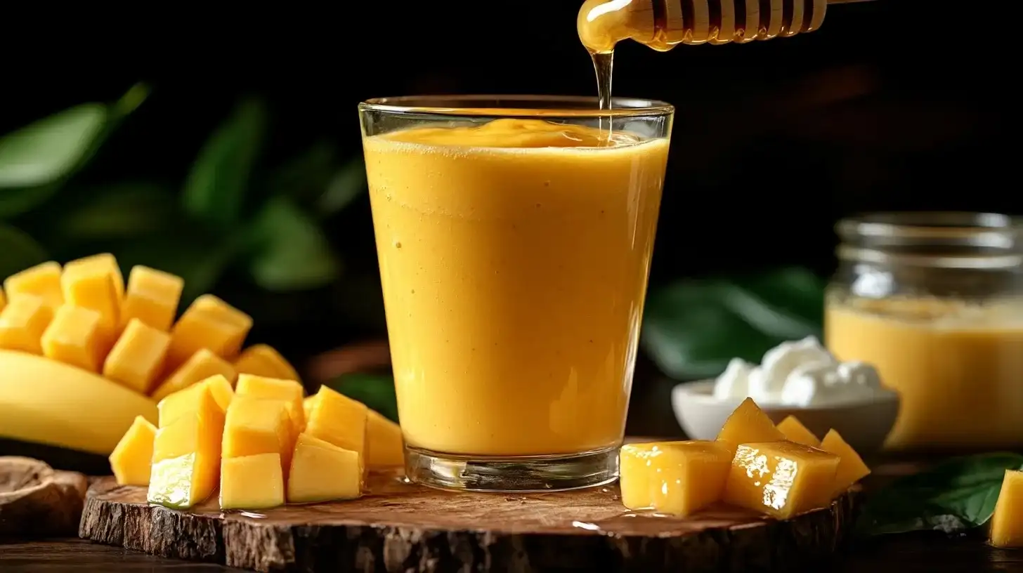 Cremiger Mango-Bananen Smoothie im Mason Jar, dekoriert mit Kokosraspeln und umgeben von Mango, Banane und Joghurt.