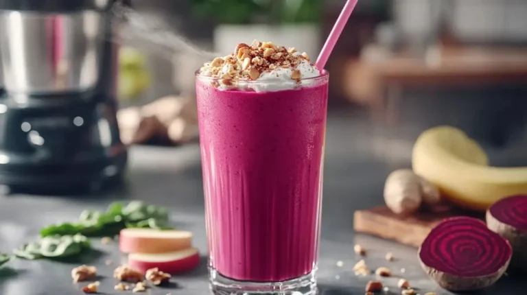 Leuchtend roter Rote Bete Smoothie in einem Glas, serviert mit Nüssen und Zitronensaft, mit frischen Zutaten im Hintergrund.