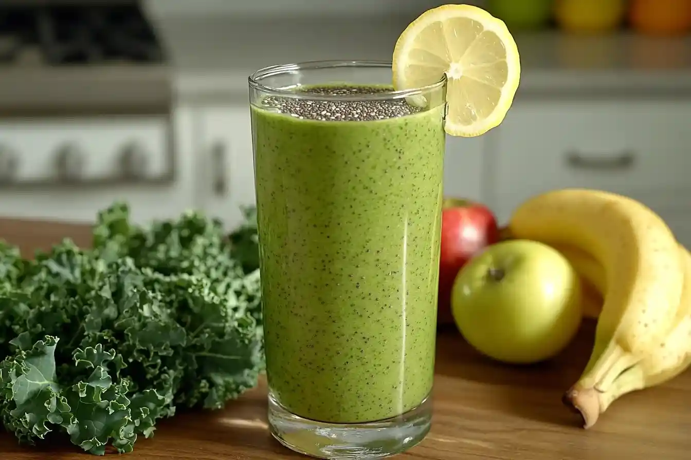 „Ein leuchtend grüner Grünkohl Smoothie in einem hohen Glas, dekoriert mit einer Zitronenscheibe und Chiasamen, mit frischen Zutaten wie Grünkohl, Banane und Apfel im Hintergrund