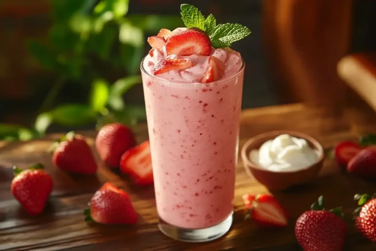 Ein frischer Erdbeer Smoothie in einem Glas, garniert mit Erdbeerscheiben und Minzblatt, umgeben von frischen Erdbeeren und Bananen auf einem Holztisch.