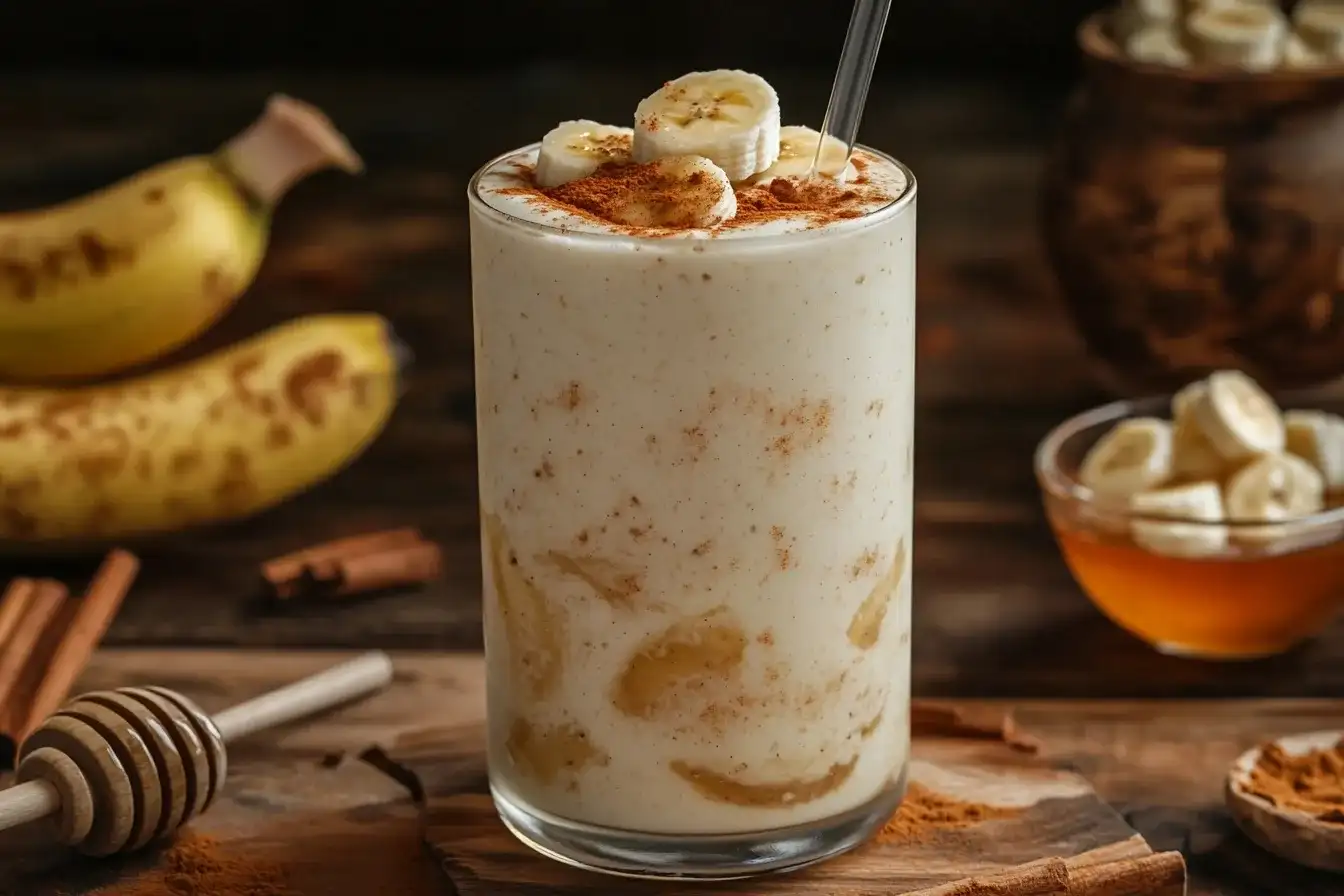 Frischer Smoothie mit Banane, Milch und Joghurt in einem hohen Glas, umgeben von Bananenscheiben und einem Honiglöffel.