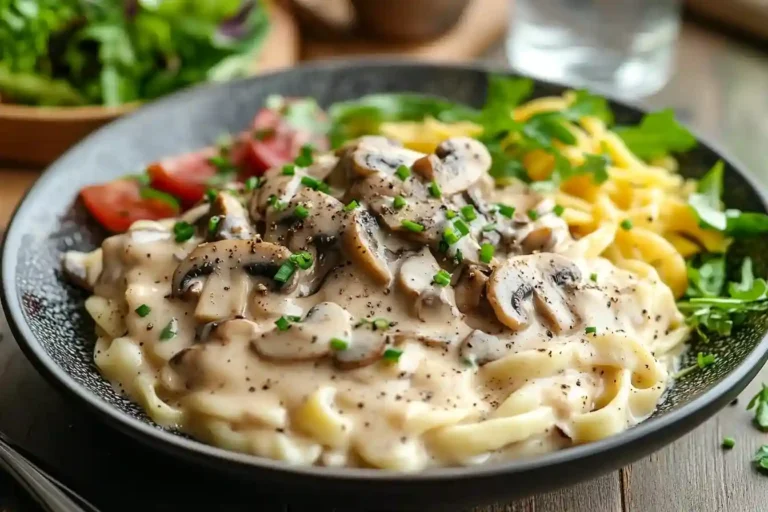 Glutenfreie Spätzle mit cremiger Pilzsoße, schwarzem Pfeffer und Schnittlauch, serviert auf einem rustikalen Tisch mit Salat und Wasser.