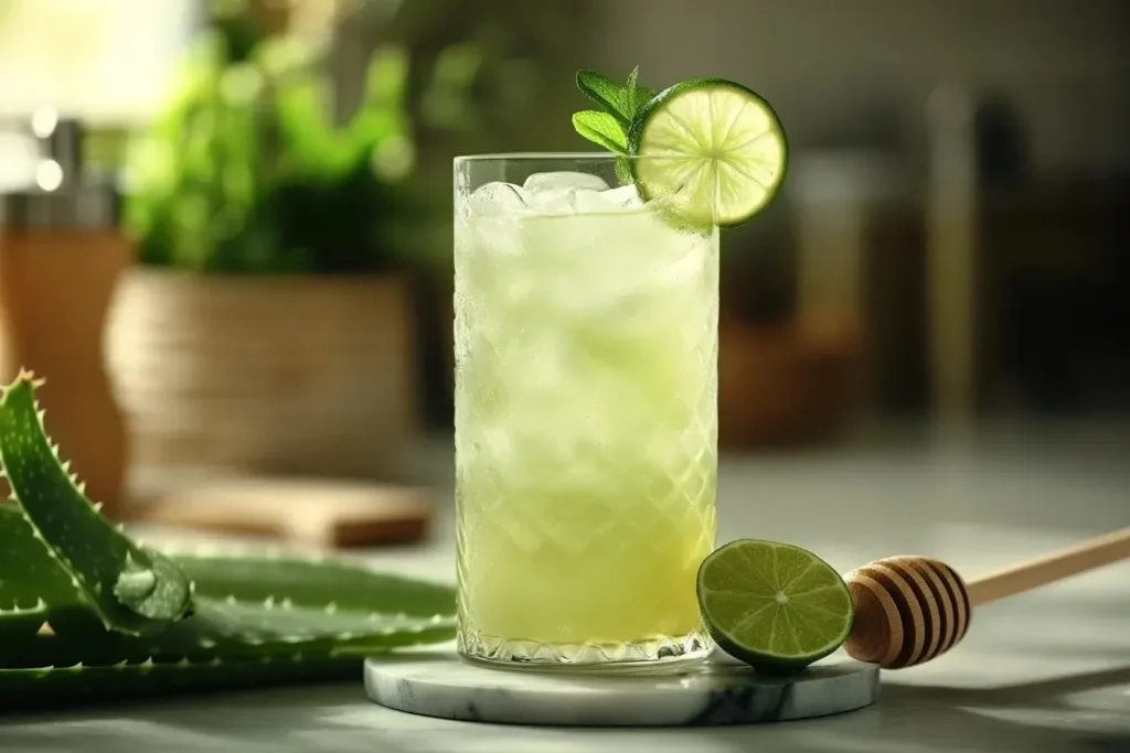 Aloe Vera Getränk mit Limette, Honig und Eiswürfeln, serviert in einem modernen Glas mit Minzdekoration auf einem Holztisch.