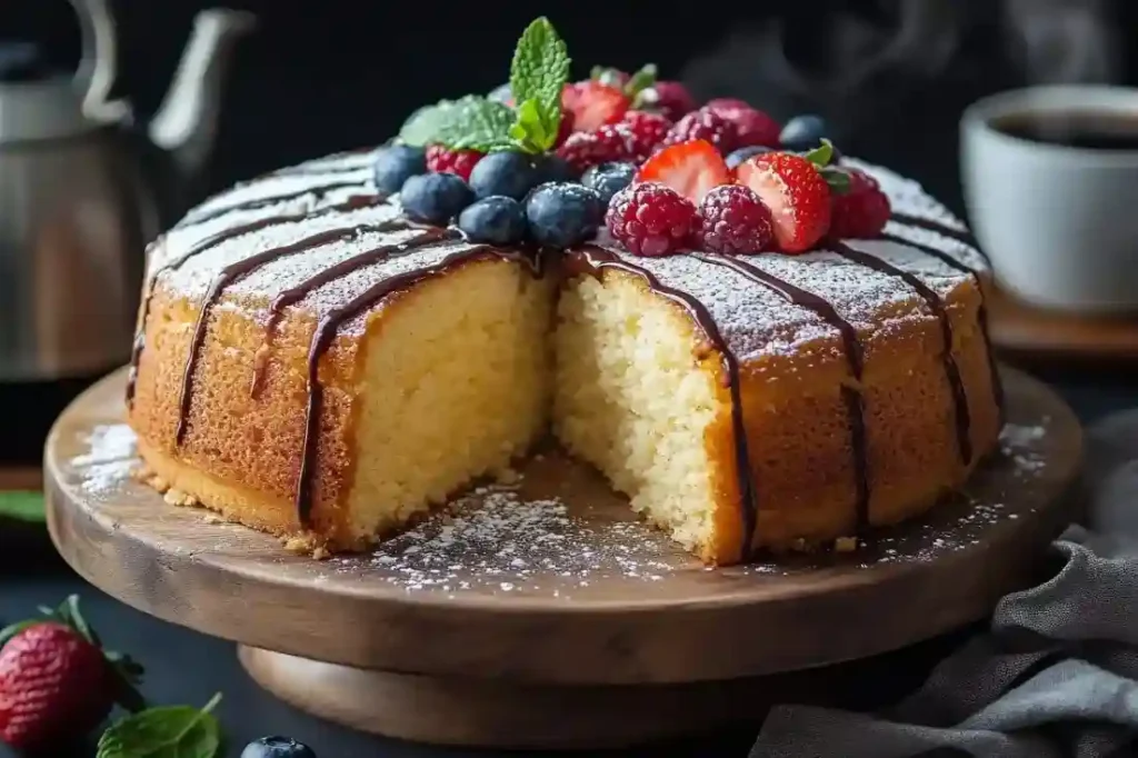 Frisch gebackener Schnellen Kuchen Thermomix mit Puderzucker, Schokoladendekor und frischen Beeren auf einem Holzbrett serviert."