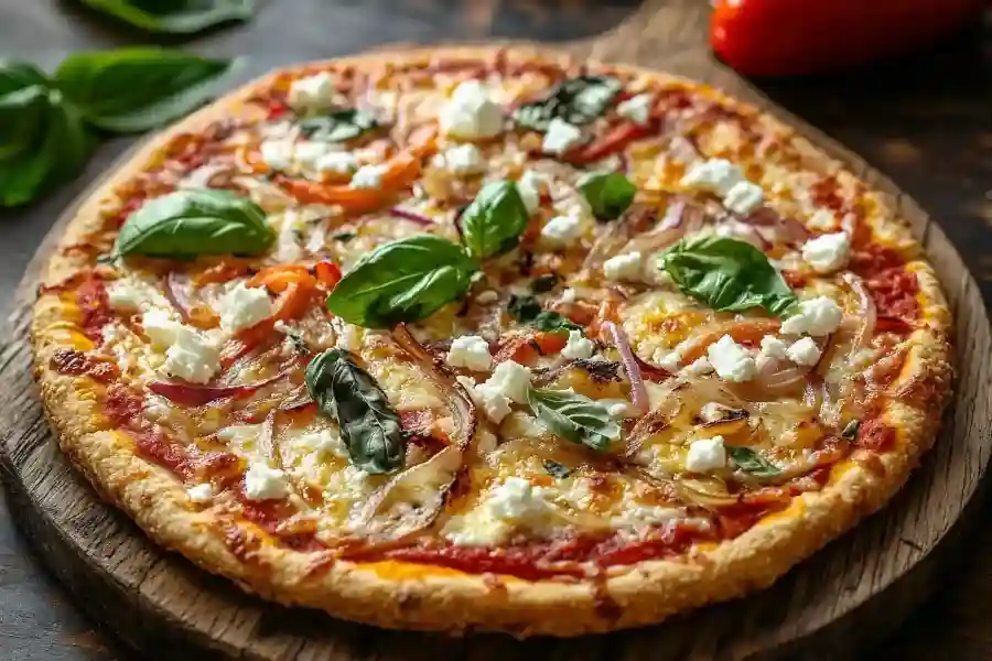 Keto Pizza auf einem Steinteller mit cremiger Belagschicht